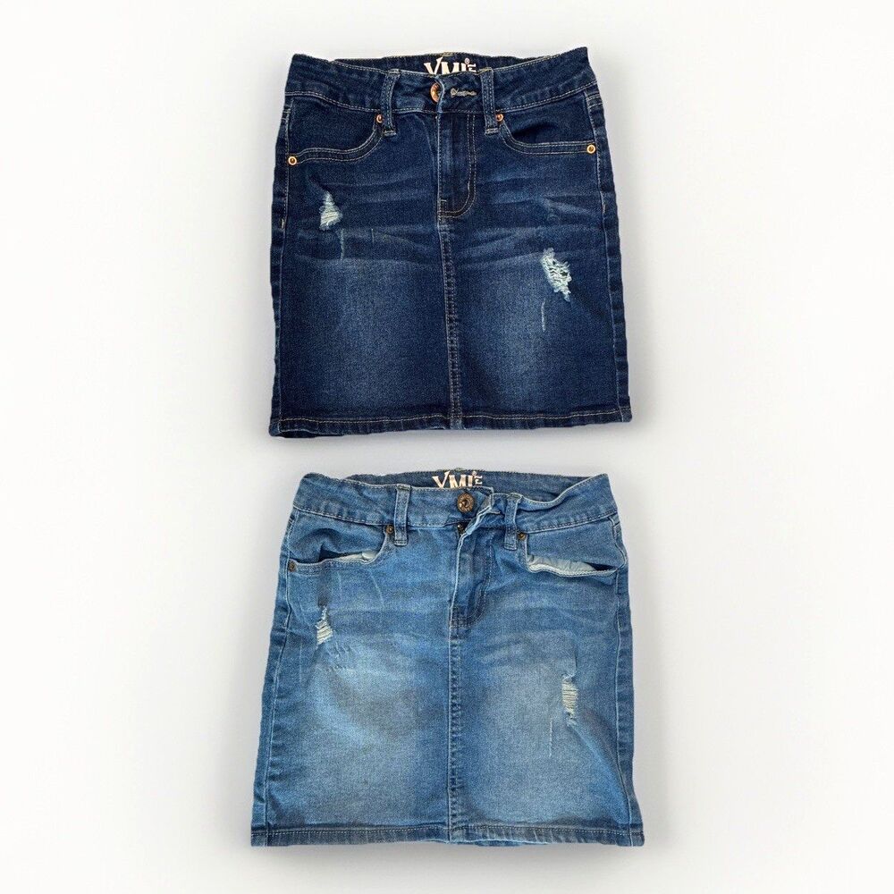 YMI Girls Blue Denim Jean Skirts Size 8 Distressed Lot/2 Stretchy 12" L Grunge